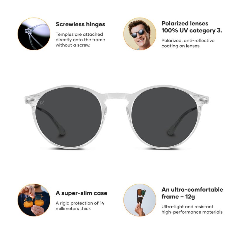NOOZ Optics Unisex Reading Sunglasses - Slim & Lightweight - Presbyopia Readers for Women & Men with Compact Case CRUZ - Round - Crystal - 2 - Image 2